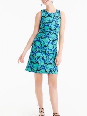 J Crew Sleeveless Blue-Green Swirl A-Line Dress Jacquard Print Size 4